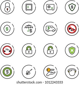 line vector icon set - lock vector, safe, encashment car, no horn road sign, limited distance, locked, unlocked, shield cross, dollar, key, hand, protect glass
