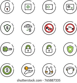 line vector icon set - lock vector, safe, insurance, no horn road sign, limited distance, key, locked, unlocked, shield cross, dollar, hand, life vest, protect glass