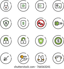 line vector icon set - lock vector, safe, no horn road sign, key, locked, unlocked, shield cross, dollar, hand, life vest, protect glass