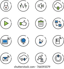 line vector icon set - lock vector, monero, volume medium, download cloud, play, like, trash bin, data exchange, notebook wi fi, globe, satellite antenna, server wireless, mail, standby button