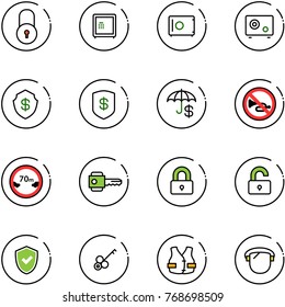 line vector icon set - lock vector, safe, insurance, no horn road sign, limited distance, key, locked, unlocked, shield check, life vest, protect glass