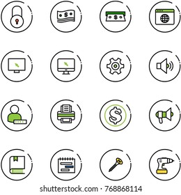 line vector icon set - lock vector, cash, browser globe, monitor cursor, gear, volume medium, user password, printer, dollar, megaphone, book, terms plan, screw, drill