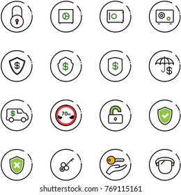 line vector icon set - lock vector, safe, insurance, encashment car, limited distance road sign, unlocked, shield check, cross, key, hand, protect glass