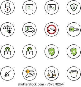 line vector icon set - lock vector, safe, insurance, encashment car, limited distance road sign, key, locked, unlocked, shield check, cross, hand, life vest, protect glass