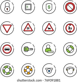line vector icon set - lock vector, safe, prohibition road sign, giving way, oncoming traffic, cow, limited height, no bus, key, user password, lifebuoy, surveillance camera, protect glass