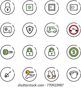 line vector icon set - lock vector, safe, encashment car, limited distance road sign, key, locked, unlocked, dollar, hand, life vest, protect glass