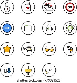 line vector icon set - lock vector, star postcard, santa sleigh, speed limit 90 road sign, only right, folder, hot tea, gear globe, medal, helicopter, sunglasses, shell, up down arrows, crown drill