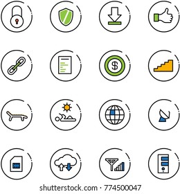 line vector icon set - lock vector, shield, download, link, document, dollar, stairs, lounger, reading, globe, satellite antenna, sim, cloud exchange data, fine signal, server