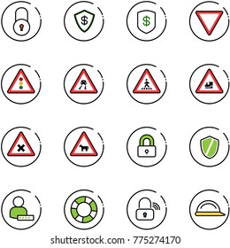 line vector icon set - lock vector, safe, giving way road sign, traffic light, slippery, pedestrian, railway intersection, cow, locked, shield, user password, lifebuoy, wireless, construction helmet