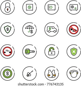 line vector icon set - lock vector, safe, insurance, encashment car, no horn road sign, limited distance, key, unlocked, shield cross, dollar, life vest, protect glass