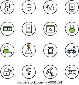 line vector icon set - lock vector, bitcoin, monero, mobile payment, cash, cursor browser, user, password, dollar, t shirt, car wireless, globe, satellite, radio