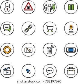 line vector icon set - lock vector, tunnel road sign, group, pause, chat, link, cart, microphone, sun, photo, remote control, game console, movie flap, cursor, tool box