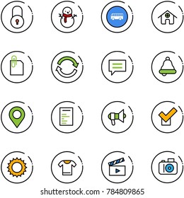 line vector icon set - lock vector, snowman, bus road sign, home, attachment, refresh, chat, bell, map pin, document, megaphone, check, sun, t shirt, movie flap, camera