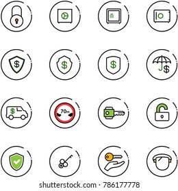 line vector icon set - lock vector, safe, insurance, encashment car, limited distance road sign, key, unlocked, shield check, hand, protect glass