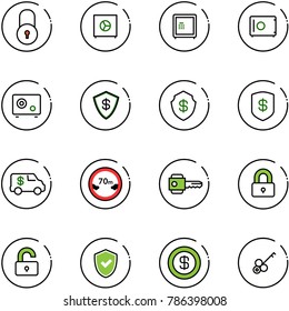 line vector icon set - lock vector, safe, encashment car, limited distance road sign, key, locked, unlocked, shield check, dollar