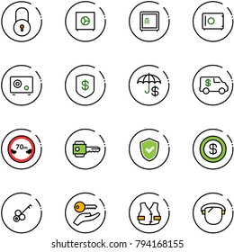 line vector icon set - lock vector, safe, insurance, encashment car, limited distance road sign, key, shield check, dollar, hand, life vest, protect glass