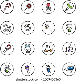 line vector icon set - lollipop vector, pyramid toy, beanbag, rocking horse, stick, bear, rabbit, train, baby carousel, doll, water gun