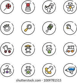 line vector icon set - lollipop vector, pyramid toy, dinosaur, bear, beanbag, horse stick, wheel, doll, train, baby carousel, soother, water gun