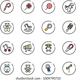 line vector icon set - lollipop vector, dinosaur toy, bear, rocking horse, beanbag, wheel, xylophone, doll, rabbit, windmill