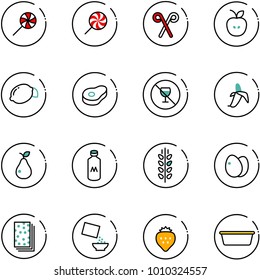 line vector icon set - lollipop vector, santa stick, apple, lemon, meat, no alcohol sign, banana, pear, milk, spica, eggs, breads, cereal, strawberry, basin