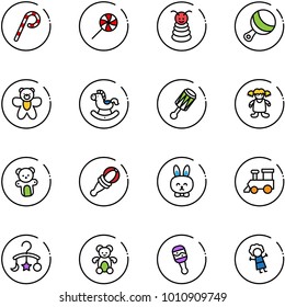 line vector icon set - lollipop vector, pyramid toy, beanbag, bear, rocking horse, doll, rabbit, train, baby carousel