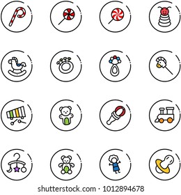 line vector icon set - lollipop vector, pyramid toy, rocking horse, beanbag, stick, xylophone, bear, train, baby carousel, doll, soother