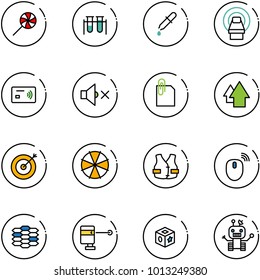 line vector icon set - lollipop vector, vial, pipette, mri, tap pay, volume off, attachment, arrow up, target, parasol, life vest, mouse wireless, carbon, laser lever, cube toy, robot