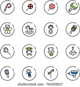 line vector icon set - lollipop vector, beanbag, bear toy, rocking horse, stick, doll, wirligig, windmill, water gun