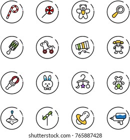 line vector icon set - lollipop vector, bear toy, beanbag, wheel horse, xylophone, doll, rabbit, baby carousel, wirligig, windmill, soother, water gun
