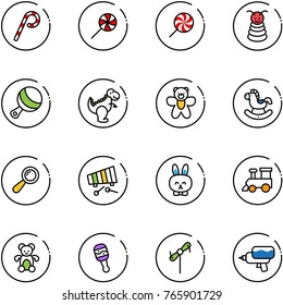 line vector icon set - lollipop vector, pyramid toy, beanbag, dinosaur, bear, rocking horse, xylophone, rabbit, train, windmill, water gun