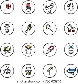 line vector icon set - lollipop vector, pyramid toy, dinosaur, beanbag, horse stick, wheel, xylophone, doll, rabbit, baby carousel, bear, windmill, water gun