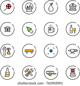 line vector icon set - lollipop vector, snowball house, pear, bank, cursor, green tea, wine, ship bell, skateboard, record button, pipe welding, brush, wrench hammer, trailer, pyramid toy