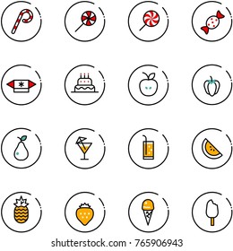 line vector icon set - lollipop vector, candy, cake, apple, sweet pepper, pear, drink, watermelone, pineapple, strawberry, ice cream