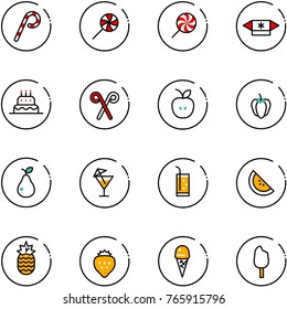 line vector icon set - lollipop vector, candy, cake, santa stick, apple, sweet pepper, pear, drink, watermelone, pineapple, strawberry, ice cream