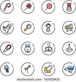 line vector icon set - lollipop vector, pyramid toy, dinosaur, beanbag, xylophone, rabbit, baby carousel, wirligig, doll, windmill, soother, water gun