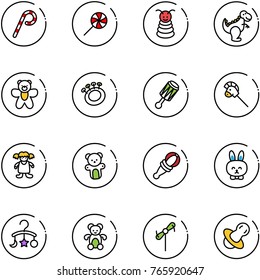 line vector icon set - lollipop vector, pyramid toy, dinosaur, bear, beanbag, horse stick, doll, rabbit, baby carousel, windmill, soother