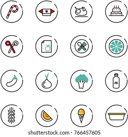 line vector icon set - lollipop vector, candy, turkey, cake, santa stick, diet list, fork spoon plate, lemon slice, eggplant, onion, broccoli, milk, spica, watermelone, ice cream, basin