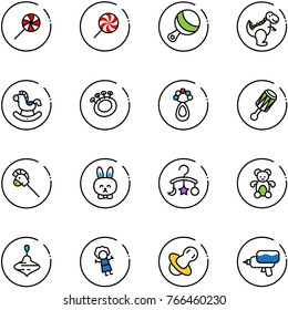 line vector icon set - lollipop vector, beanbag, dinosaur toy, rocking horse, stick, rabbit, baby carousel, bear, wirligig, doll, soother, water gun