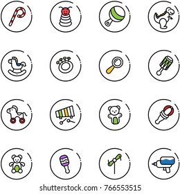 line vector icon set - lollipop vector, pyramid toy, beanbag, dinosaur, rocking horse, wheel, xylophone, bear, windmill, water gun