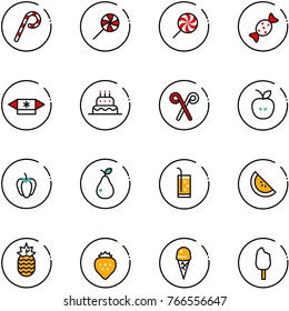 line vector icon set - lollipop vector, candy, cake, santa stick, apple, sweet pepper, pear, drink, watermelone, pineapple, strawberry, ice cream