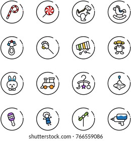 line vector icon set - lollipop vector, dinosaur toy, rocking horse, beanbag, stick, xylophone, doll, rabbit, train, baby carousel, wirligig, windmill, water gun