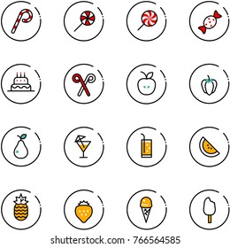 line vector icon set - lollipop vector, candy, cake, santa stick, apple, sweet pepper, pear, drink, watermelone, pineapple, strawberry, ice cream