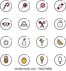 line vector icon set - lollipop vector, candy, cake, santa stick, apple, sweet pepper, pear, drink, watermelone, pineapple, strawberry, ice cream