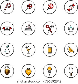 line vector icon set - lollipop vector, candy, cake, santa stick, sweet pepper, pear, drink, watermelone, pineapple, strawberry, ice cream