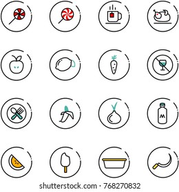 line vector icon set - lollipop vector, tea, turkey, apple, lemon, carrot, no alcohol sign, fork spoon plate, banana, onion, milk, watermelone, ice cream, basin, sickle