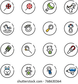 line vector icon set - lollipop vector, beanbag, dinosaur toy, rocking horse, stick, bear, rabbit, doll, water gun