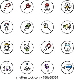 line vector icon set - lollipop vector, pyramid toy, bear, beanbag, horse stick, xylophone, doll, rabbit, baby carousel, wirligig, water gun