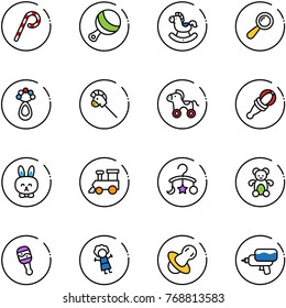 line vector icon set - lollipop vector, beanbag, rocking horse, stick toy, wheel, rabbit, train, baby carousel, bear, doll, soother, water gun