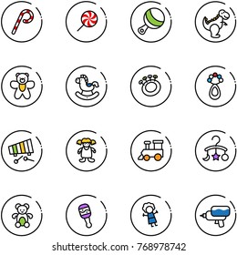 line vector icon set - lollipop vector, beanbag, dinosaur toy, bear, rocking horse, xylophone, doll, train, baby carousel, water gun