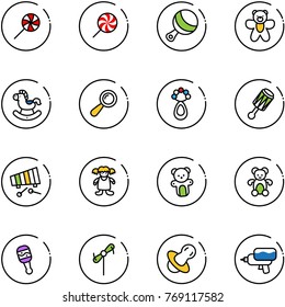 line vector icon set - lollipop vector, beanbag, bear toy, rocking horse, xylophone, doll, windmill, soother, water gun